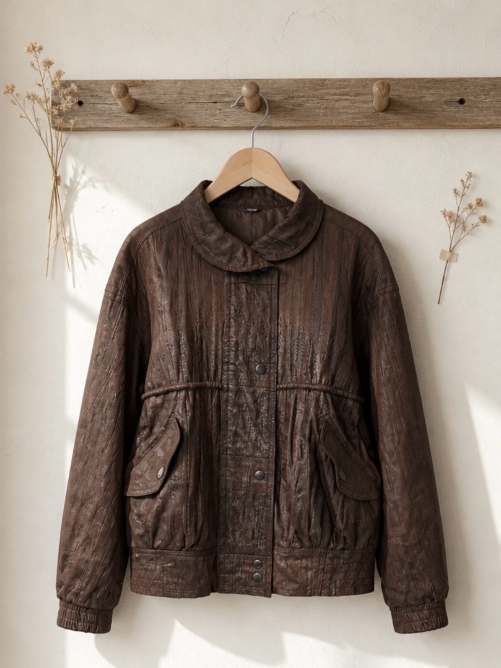 Women's Brown Quilted Leather Jacket with Button Front